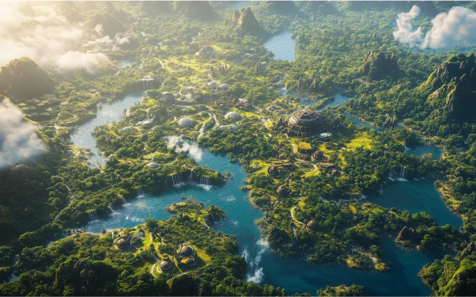 An aerial view of a river surrounded by lush green trees.